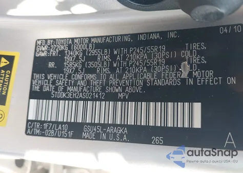 2010 Toyota Highlander Limited V6 z USA, uszkodzony, nr VIN 5TDDK3EH2AS021412